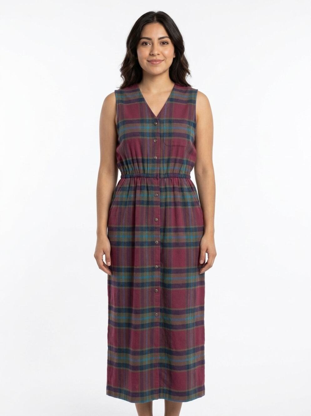 Vintage Eddie Bauer Pocket Plaid Sleeveless Maxi Dress Women Size L Tall